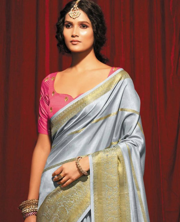 Grey Silk Striped Pattern Saree With Unstitched Blouse Piece - Zyanya on Sale - Image 3
