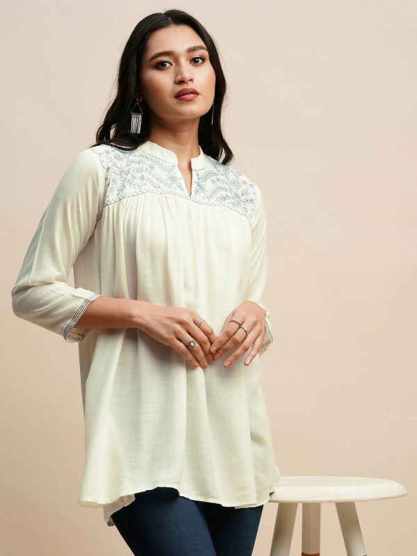 White Rayon Embroidered Top - Tarini Online Hot Sale - Image 3