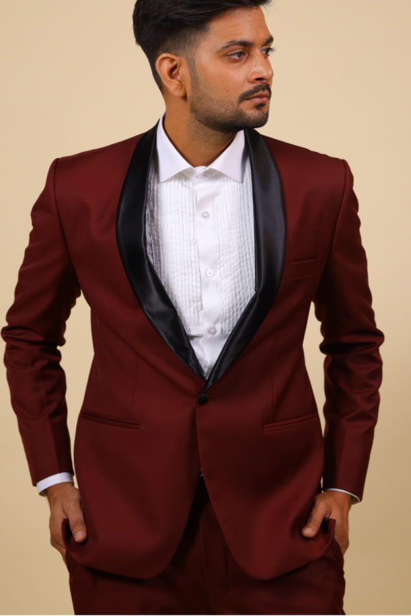 Burgundy Designer Tuxedo With Black Satin Lapels by Hilo Designs Hot on Sale