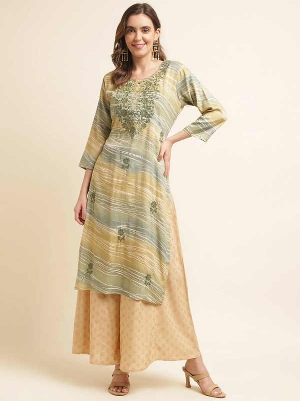 Green Poly Rayon Stripe Printed Straight Fit Kurta - Prasuti Sale