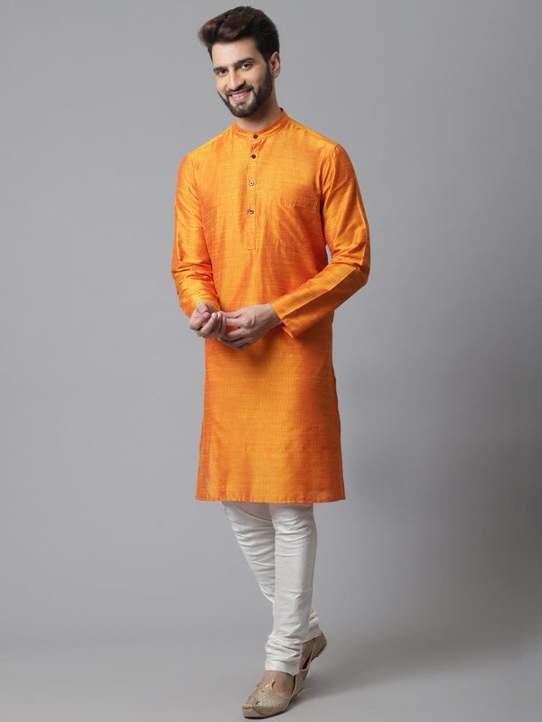 Even Apparels Orange Solid Kurta With Band Collar Supply - Image 2