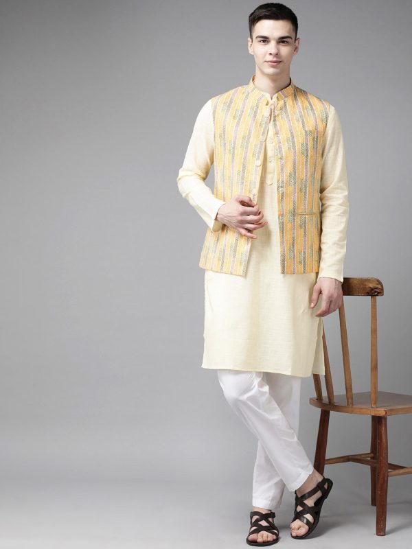 NOZ2TOZ Men Yellow & Beige Printed Pure Cotton Kurta Pajama With Nehru Jacket Online Sale - Image 5