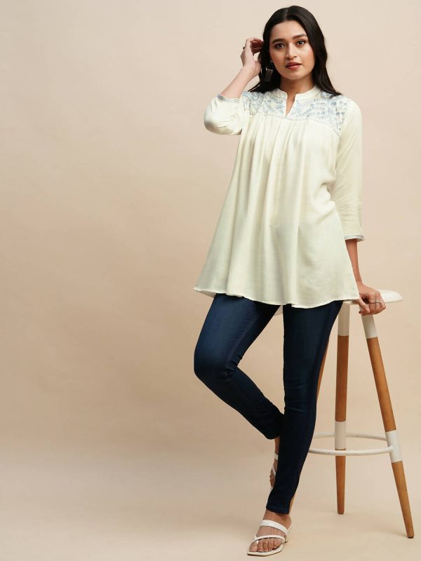 White Rayon Embroidered Top - Tarini Online Hot Sale - Image 2