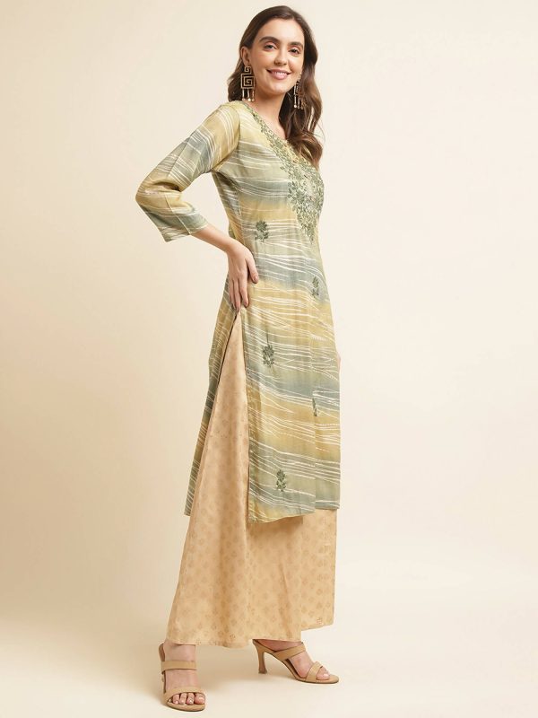 Green Poly Rayon Stripe Printed Straight Fit Kurta - Prasuti Sale - Image 5