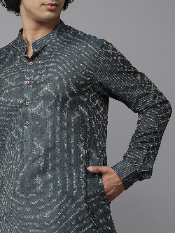NOZ2TOZ Men Green & Gold-Toned Woven Design Kurta With Pyjama Sale - Image 5