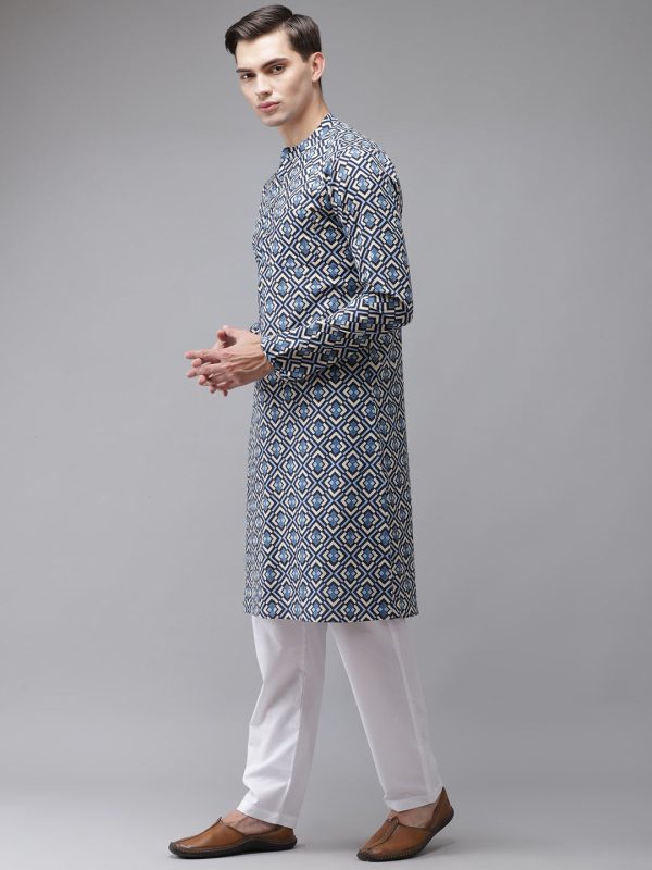 NOZ2TOZ Men Blue And Beige Printed Straight With Kurta Pyjama Cheap